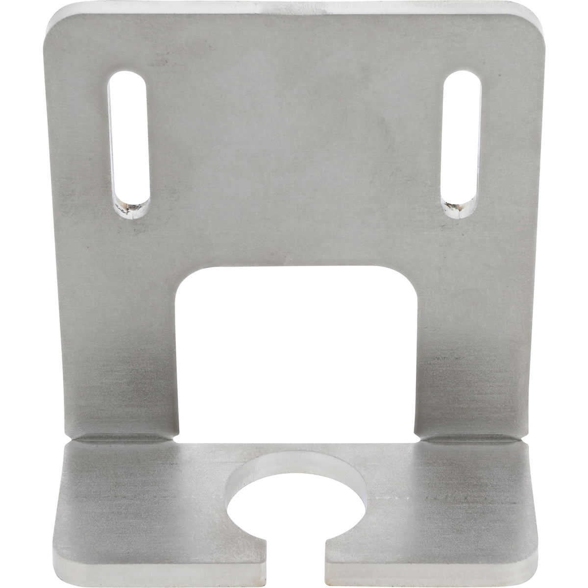 Rectangular stainless steel part with 90 degree bend. The part has multiple holes cut into it and is shown on a white background.