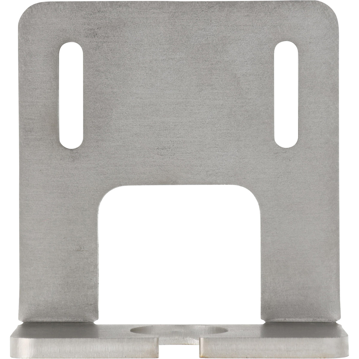 Rectangular stainless steel part with 90 degree bend. The part has multiple holes cut into it and is shown on a white background.