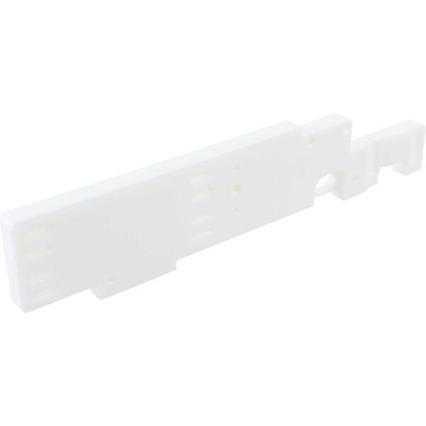 Rectangular, white machined plastic part with multiple mounting holes on white background.