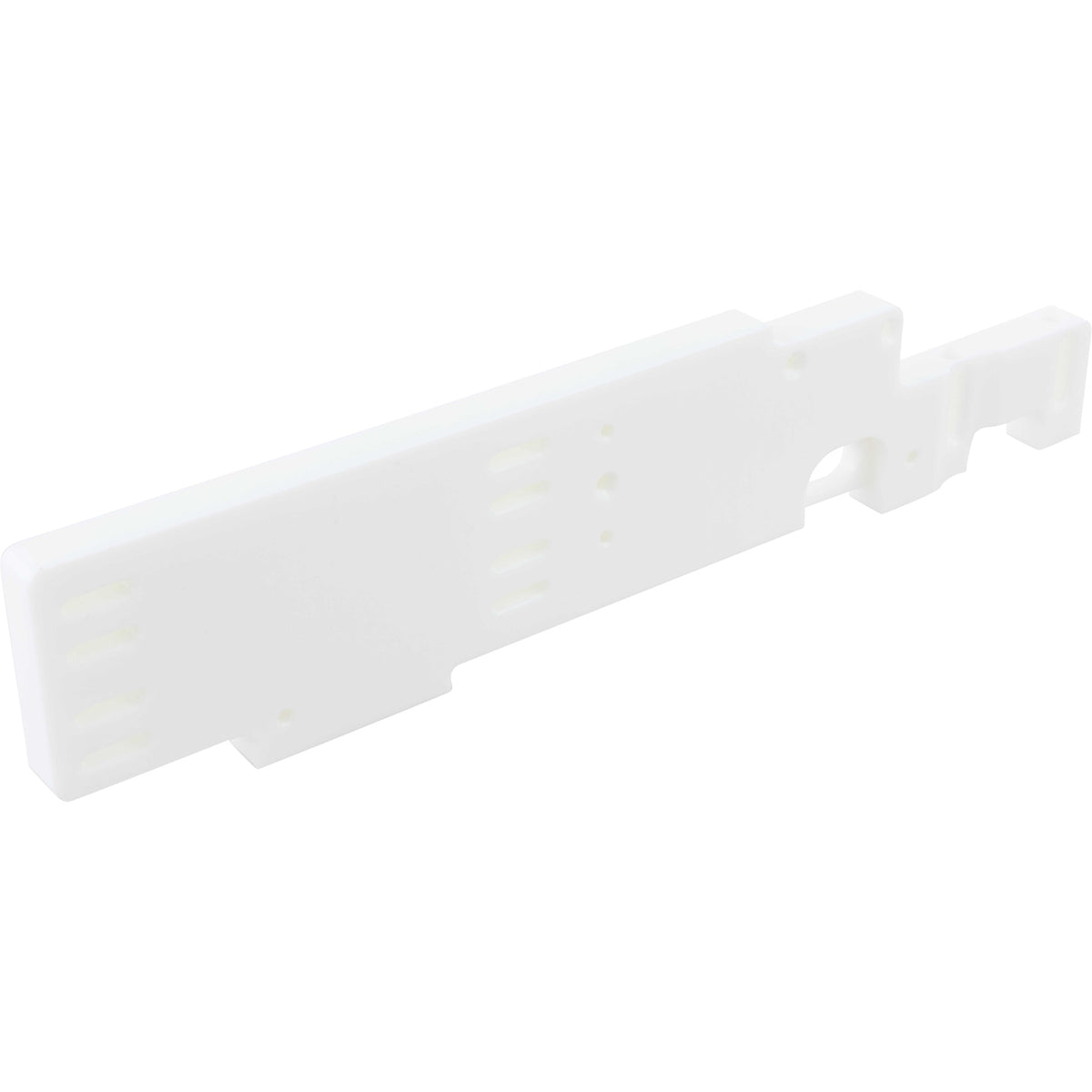 Rectangular, white machined plastic part with multiple mounting holes on white background.