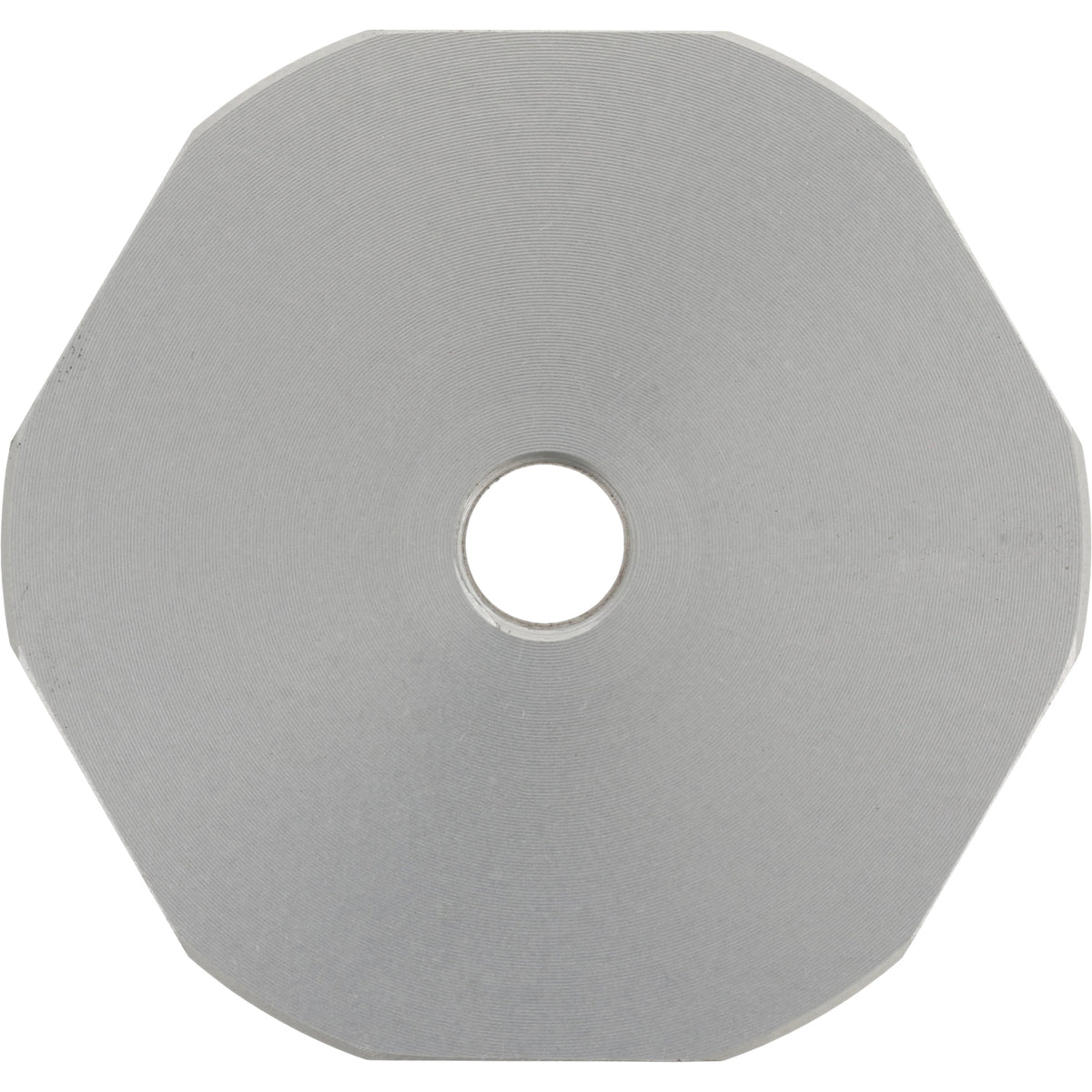 Grey hard anodized aluminum decagonal part with center through hole shown on white background.