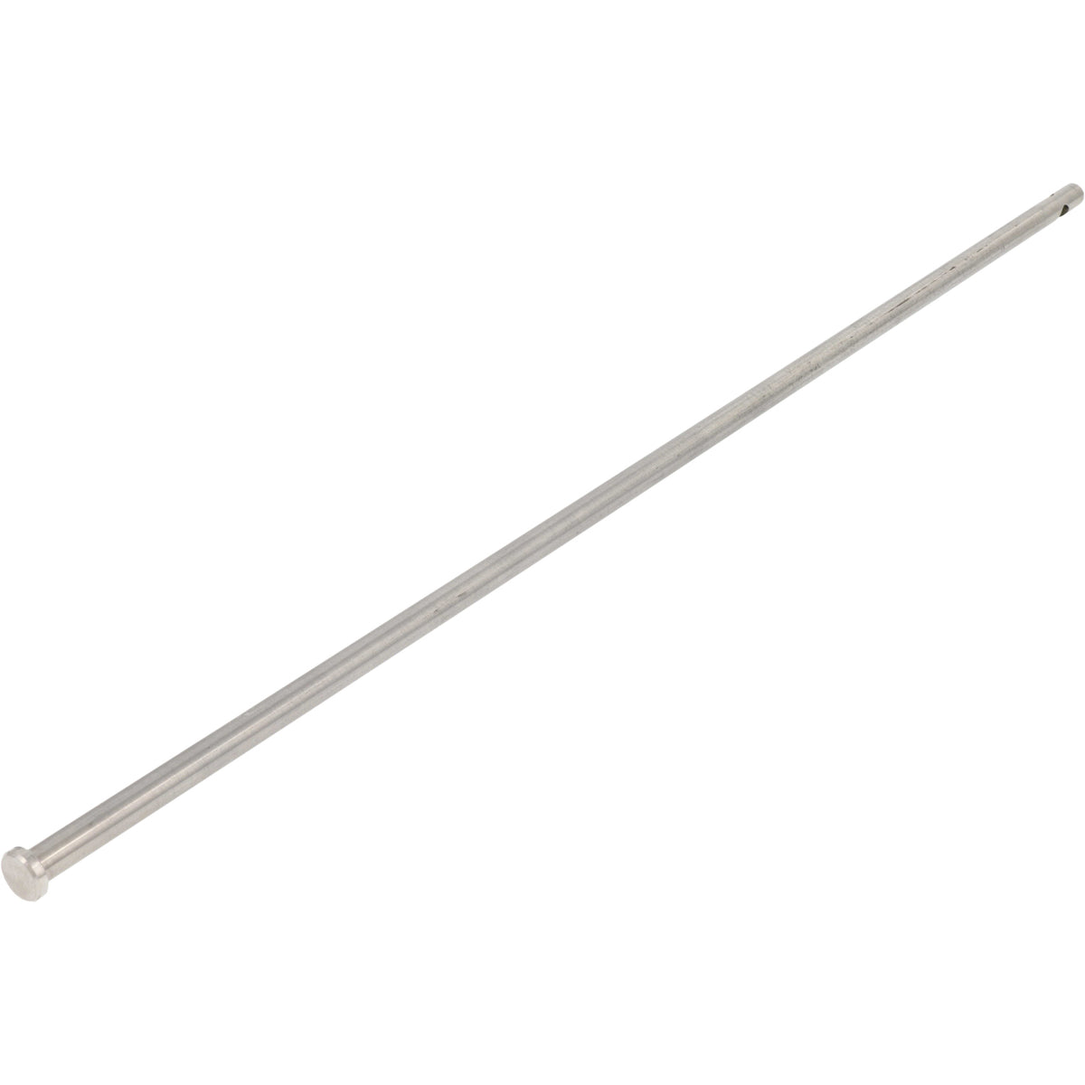 Stainless steel rod with through hole on one end and a grooved metal flange on the other. Part shown on white background.