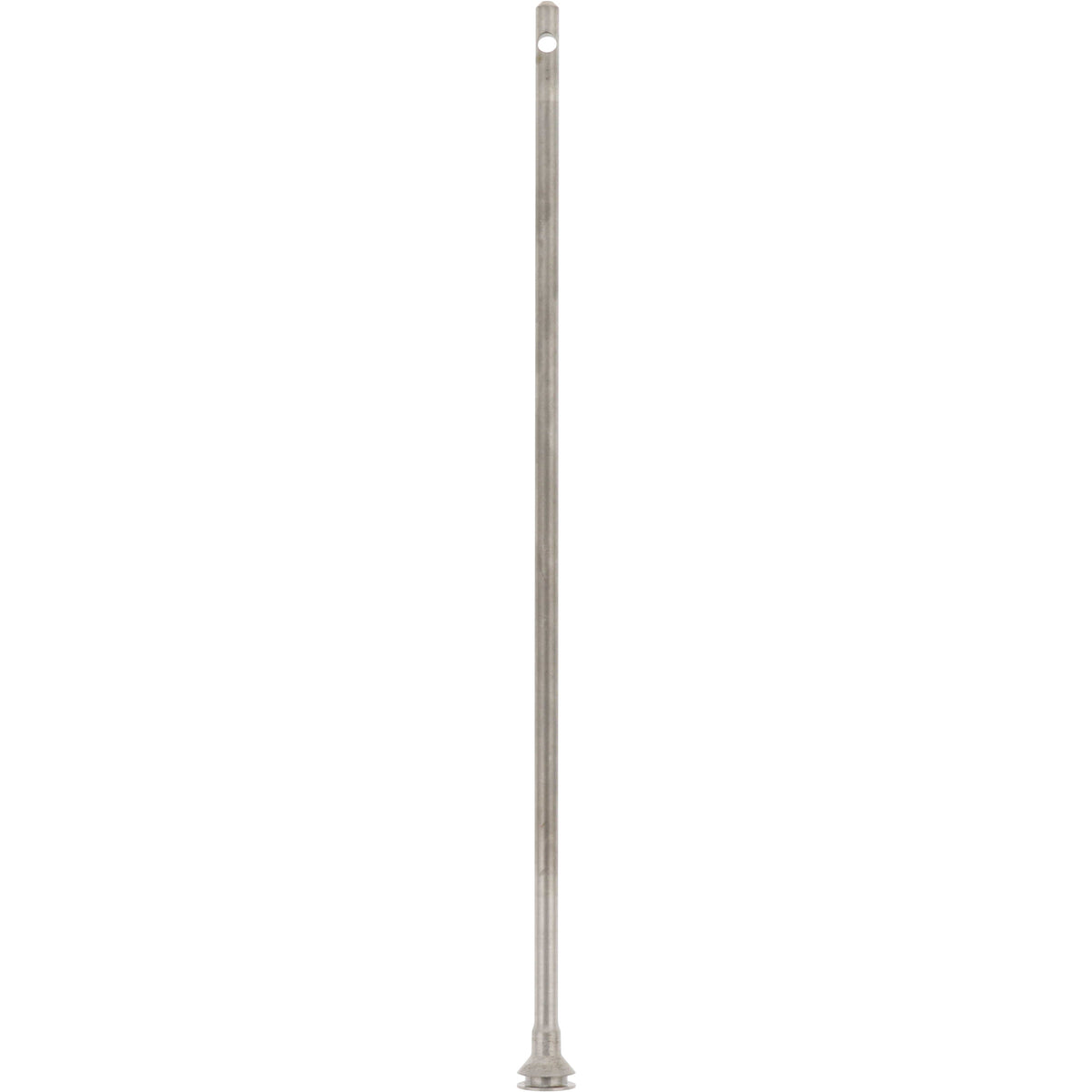 Stainless steel rod with through hole on one end and a grooved metal flange on the other. Part shown on white background.