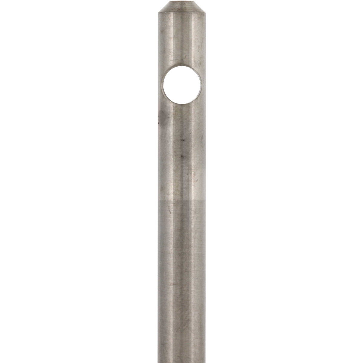 Stainless steel rod with through hole on white background.