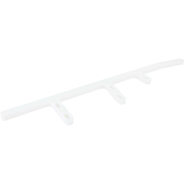 Machined white HDPE rail with holes used for mounting. Shown on white background.