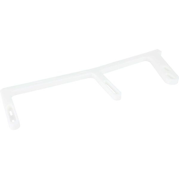 Machined white HDPE rail with three posts and holes used for mounting. Shown on white background.