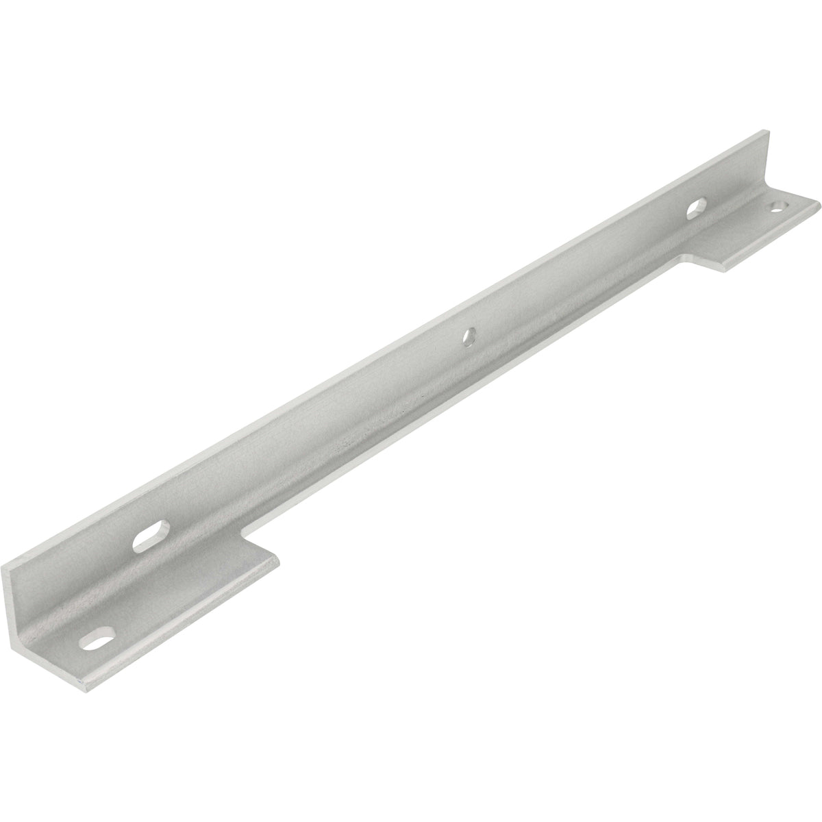 Grey hard anodized aluminum with 90 degree bend and multiple slotted mounting holes shown on white background.