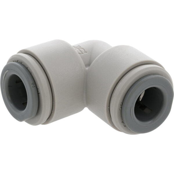 Grey, 90 degree push-to-connect fitting on white background.