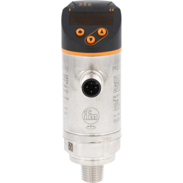 Stainless steel pressure sensor with black and orange plastic top with digital display. Black and orange push buttons and a four pin male connector on the side. This part is shown on a white background.
