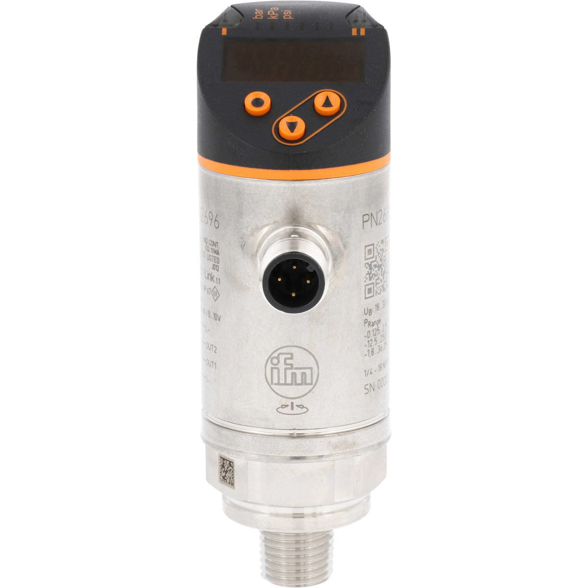 Stainless steel pressure sensor with black and orange plastic top with digital display. Black and orange push buttons and a four pin male connector on the side. This part is shown on a white background.