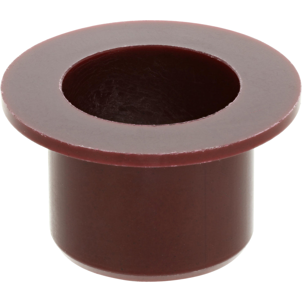 Burgundy colored plastic bushing on white background.