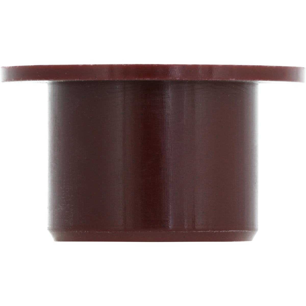Burgundy colored plastic bushing on white background.