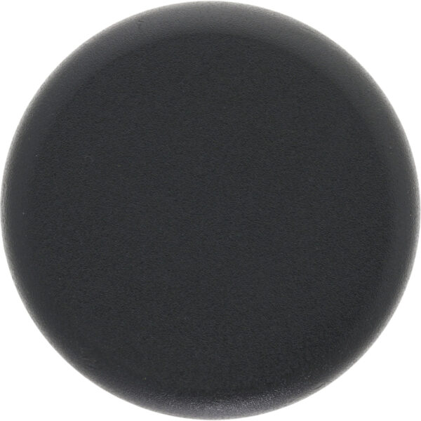 Low profile black plastic disk shaped plug on white background.