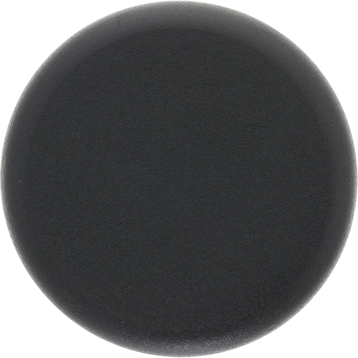 Low profile black plastic disk shaped plug on white background.