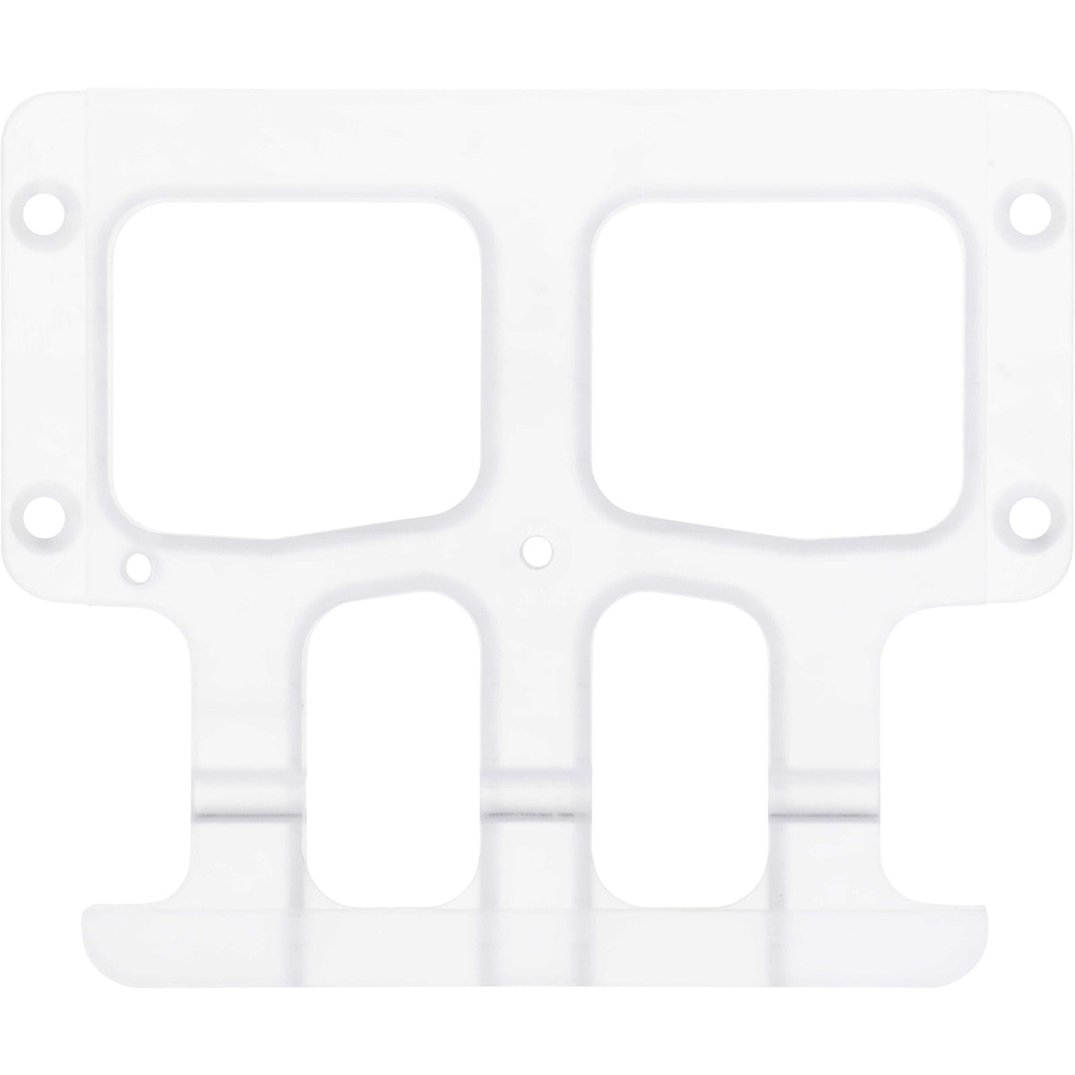 Flat, semi-transparent machined part with holes on a white background. L5E