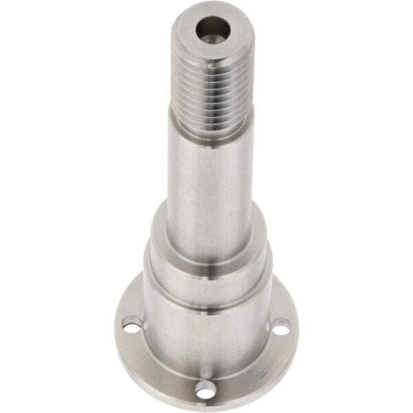 Stainless steel pivot shaft with threaded end on white background.
