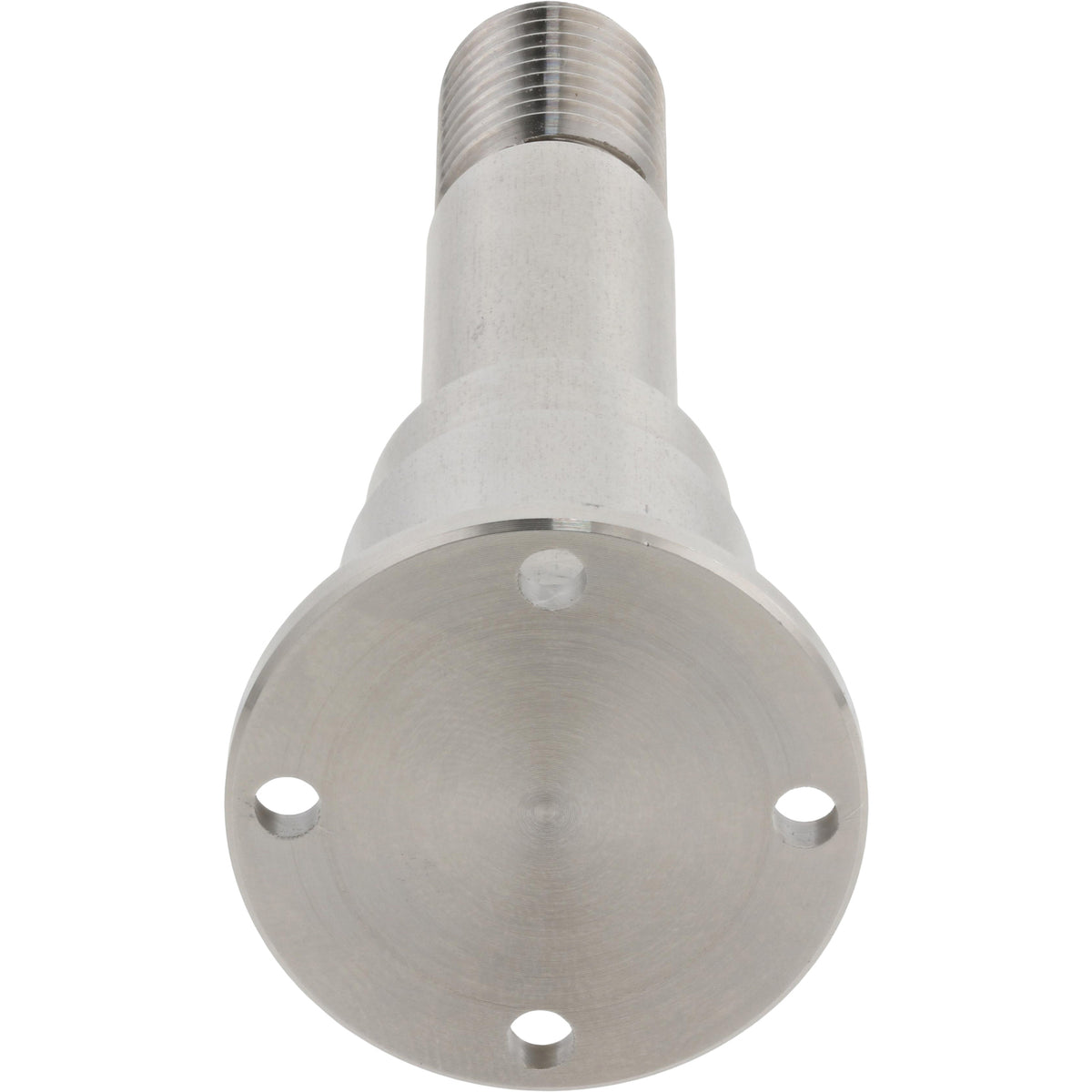 Stainless steel pivot shaft with threaded end on white background.