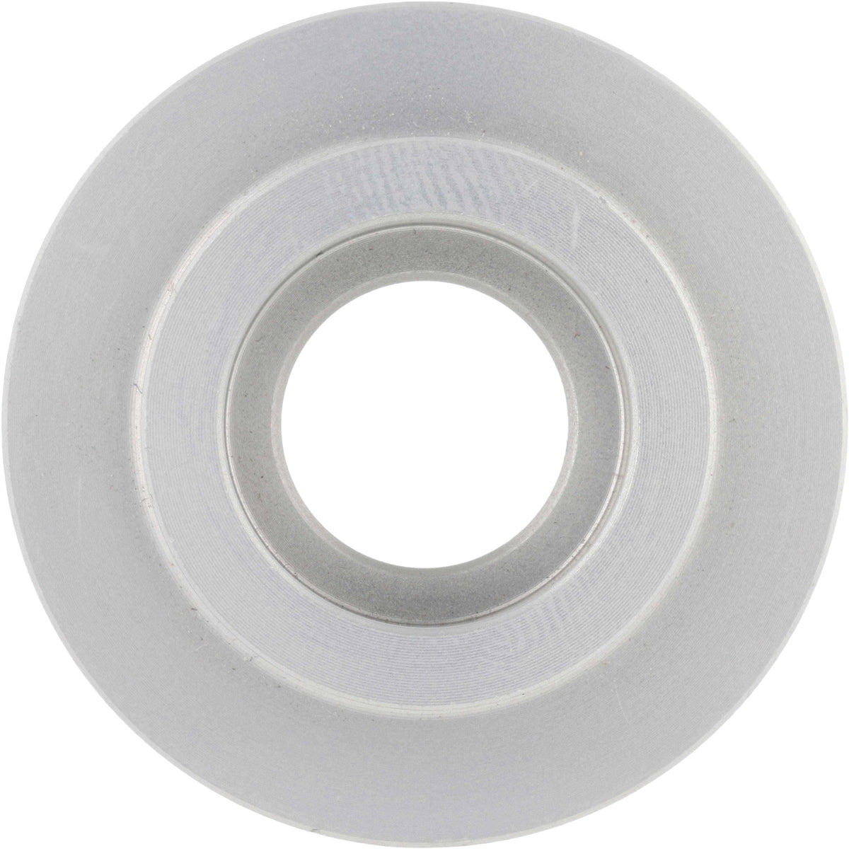 Two tiered hard anodized aluminum disk spacer for swing arms on white background.
