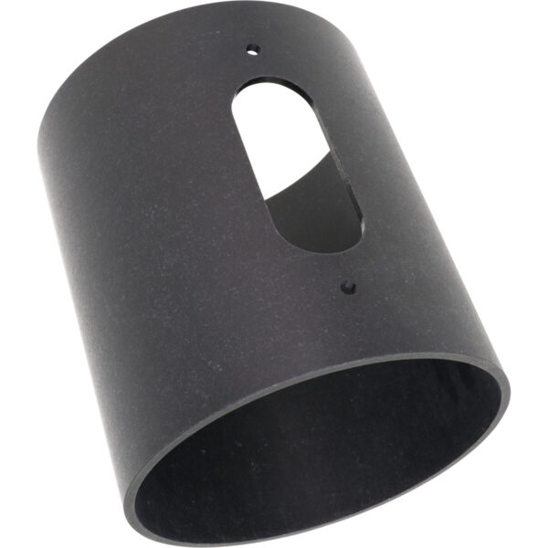 Cylindrical black anodized aluminum part with oval window on side. Part shown on white background.