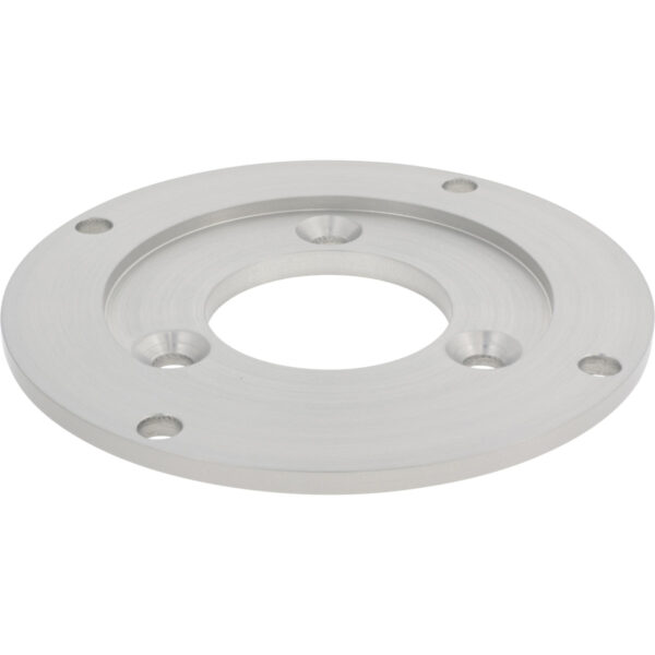 Disk shaped aluminum part with large center hole and multiple smaller mounting holes shown on white surface.
