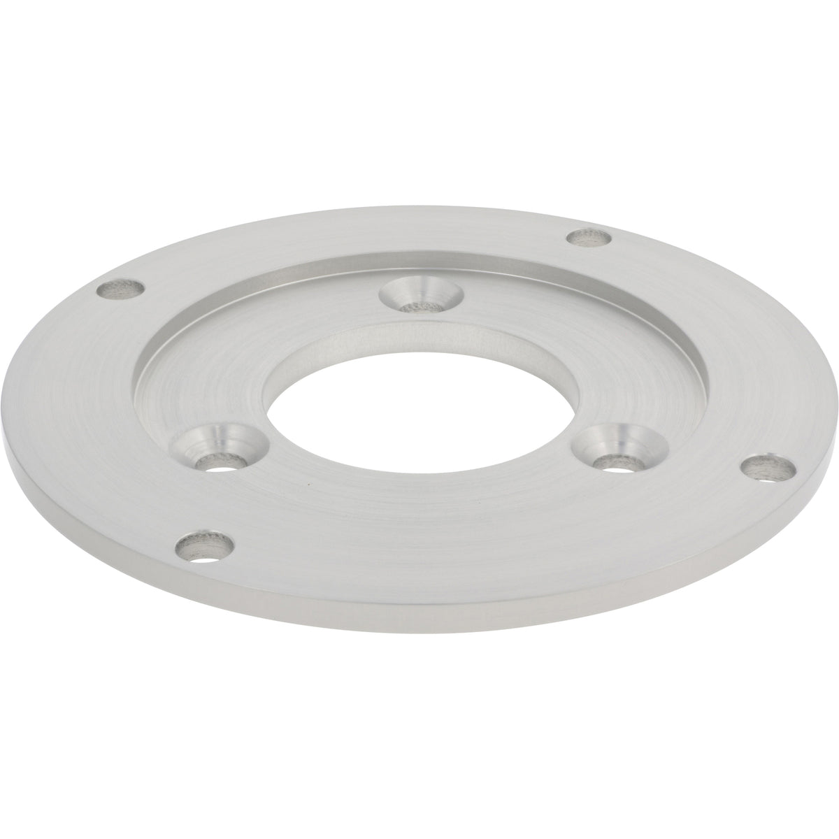 Disk shaped aluminum part with large center hole and multiple smaller mounting holes shown on white surface.