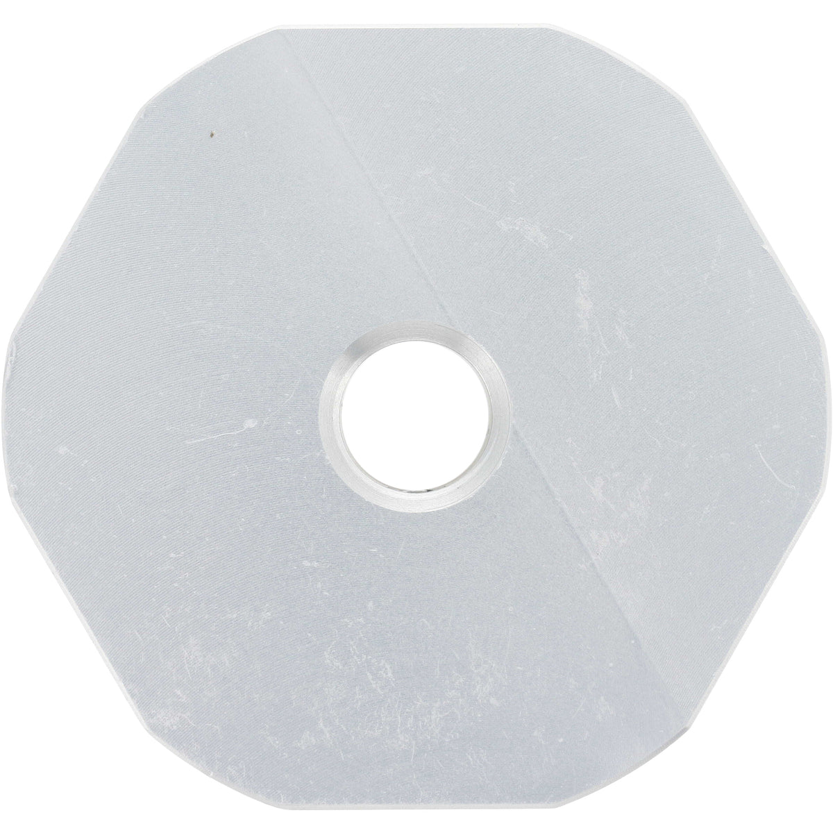 Grey hard anodized aluminum decagonal part with center through hole shown on white background.