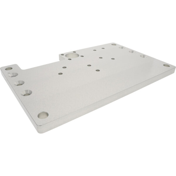 Machined hard anodized aluminum plate with multiple mounting holes. Part shown on white background.