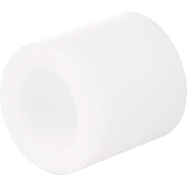 Cylindrical white plastic part with through hole on white background.