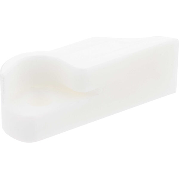 White plastic machined part with rounded edges and a through hole used for mounting. Part shown on white background.