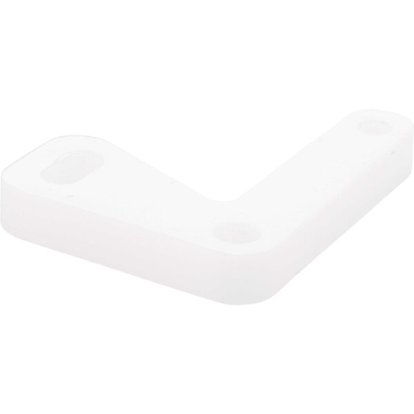 White L shaped plastic part with three holes cut into it for mounting purposes. Part shown on white background.