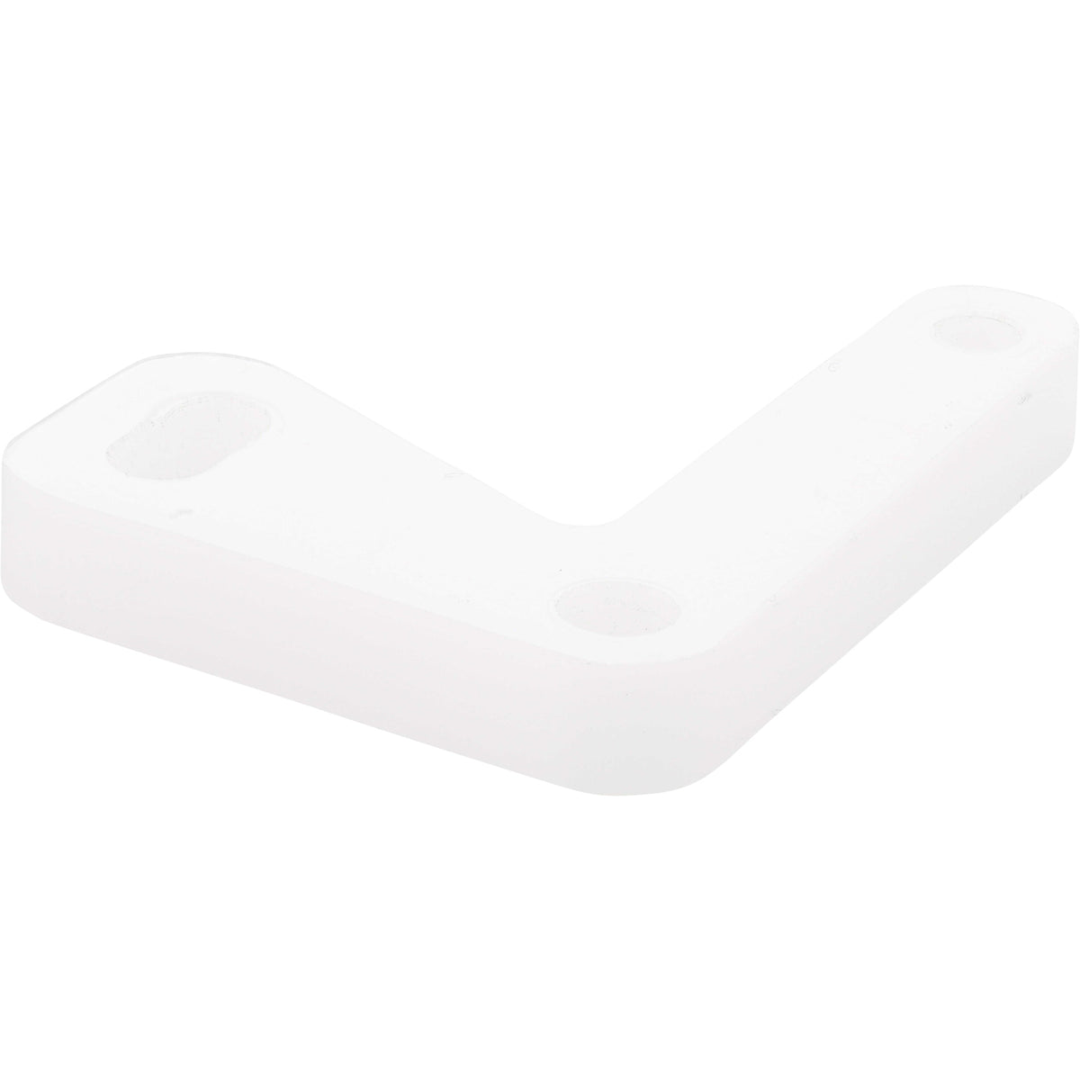 White L shaped plastic part with three holes cut into it for mounting purposes. Part shown on white background.