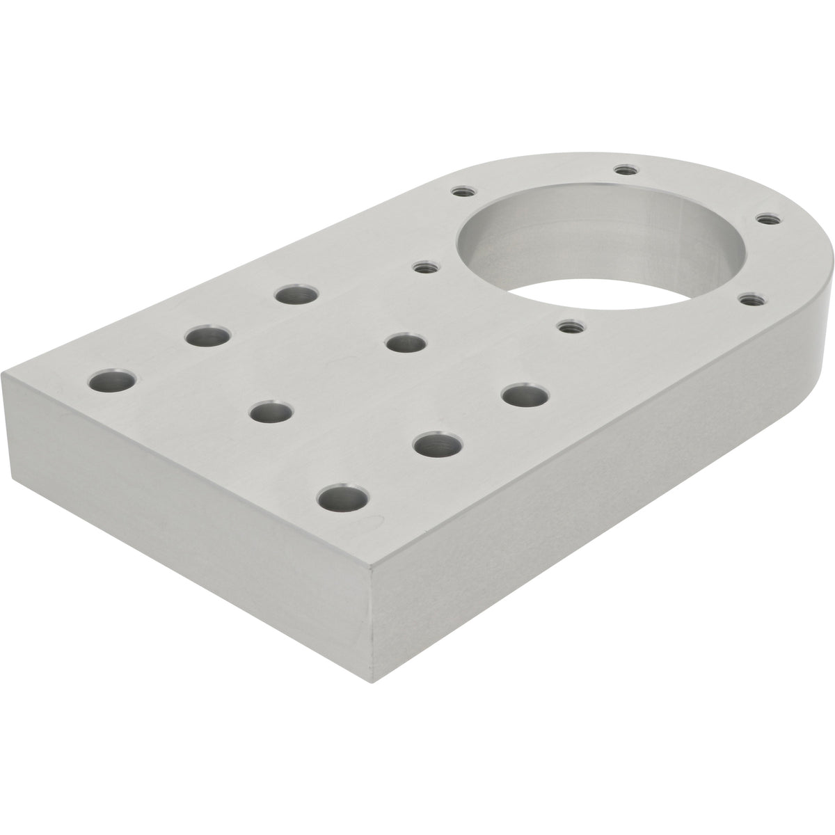 Machined aluminum part with multiple mounting holes. Part shown on white background.
