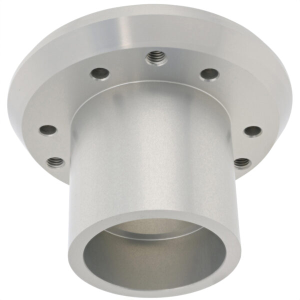 Aluminum bearing carrier with multiple threaded mounting holes shown on white background.