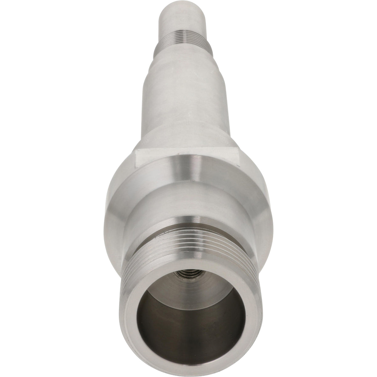 Stainless steel seamer motor drive shaft on white background.