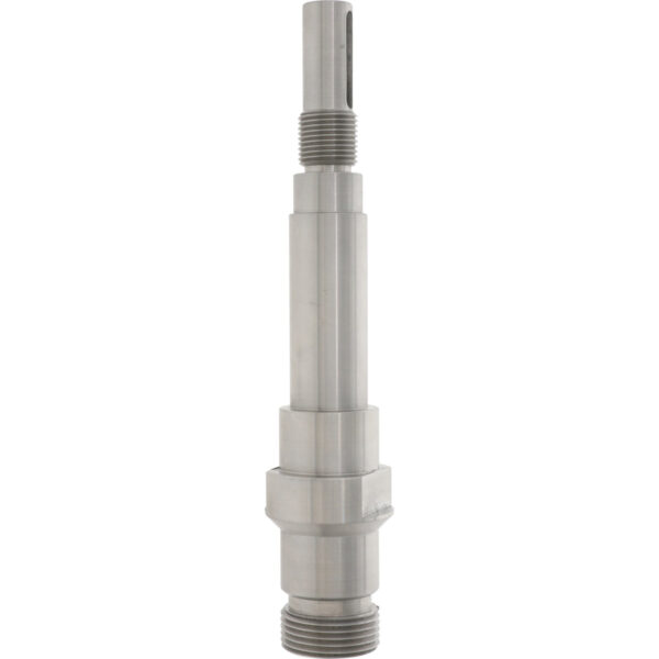 Stainless steel seamer motor drive shaft on white background.