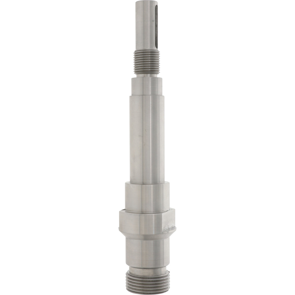 Stainless steel seamer motor drive shaft on white background.