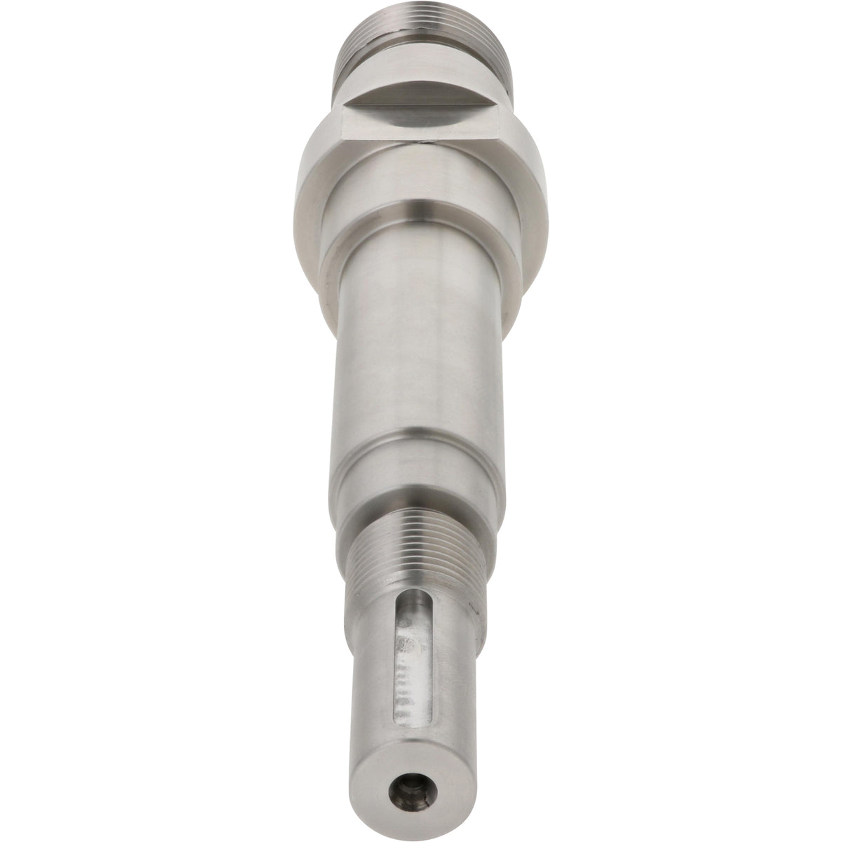 Stainless steel seamer motor drive shaft on white background.