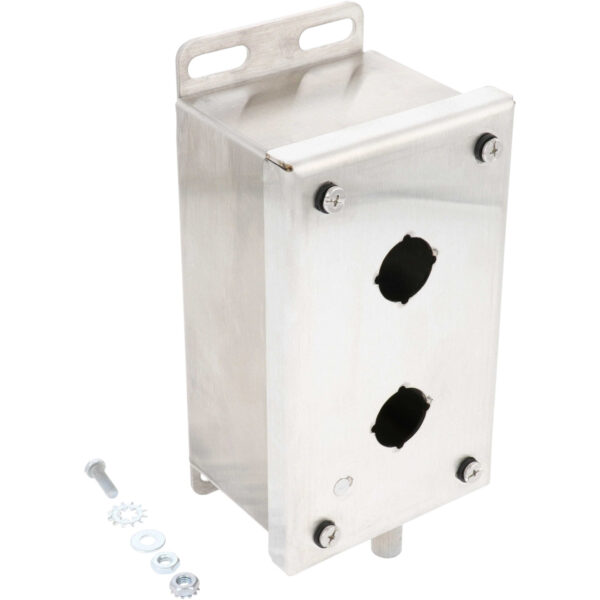 Rectangular stainless steel box with four screws in each corner of the cover plate and two through holes used to mount push buttons. An assortment of fasteners are shown next to the box. These parts are shown on a white background.