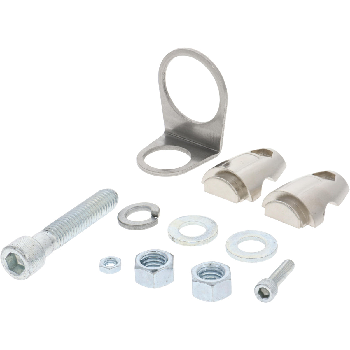 Multiple metal pieces on white back ground that show a bent, 90 degree mounting plate with holes on both sides, two halves of a mounting clamp. Fasteners shown are two zinc plated flat washers, two differently sized socket head cap screws, two large hex nuts and one small hex nut and one stainless steel lock washer.