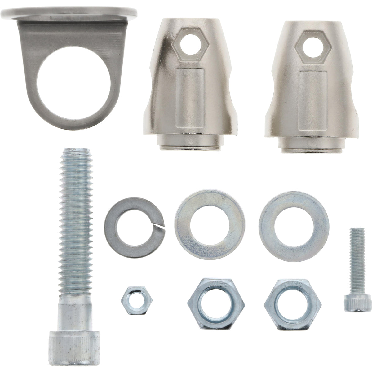 Multiple metal pieces on white back ground that show a bent, 90 degree mounting plate with holes on both sides, two halves of a mounting clamp. Fasteners shown are two zinc plated flat washers, two differently sized socket head cap screws, two large hex nuts and one small hex nut and one stainless steel lock washer.
