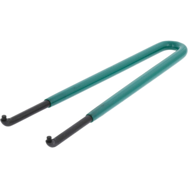Green handled spanner wrench with black tips. Shown on white background. SPA-1