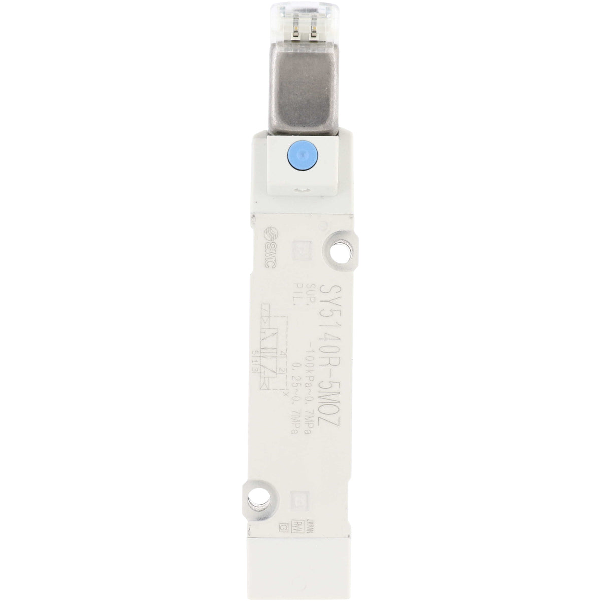 White, plastic 5 port solenoid valve on white background.