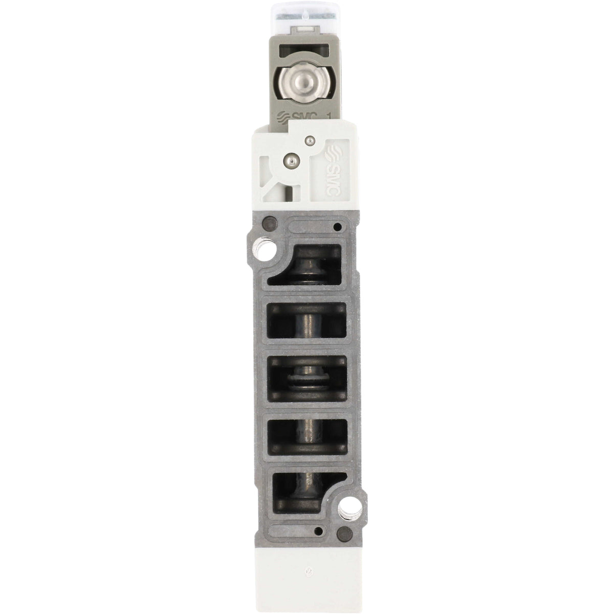 White, plastic 5 port solenoid valve on white background.