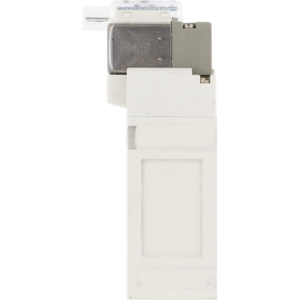 White, plastic 5 port solenoid valve on white background.