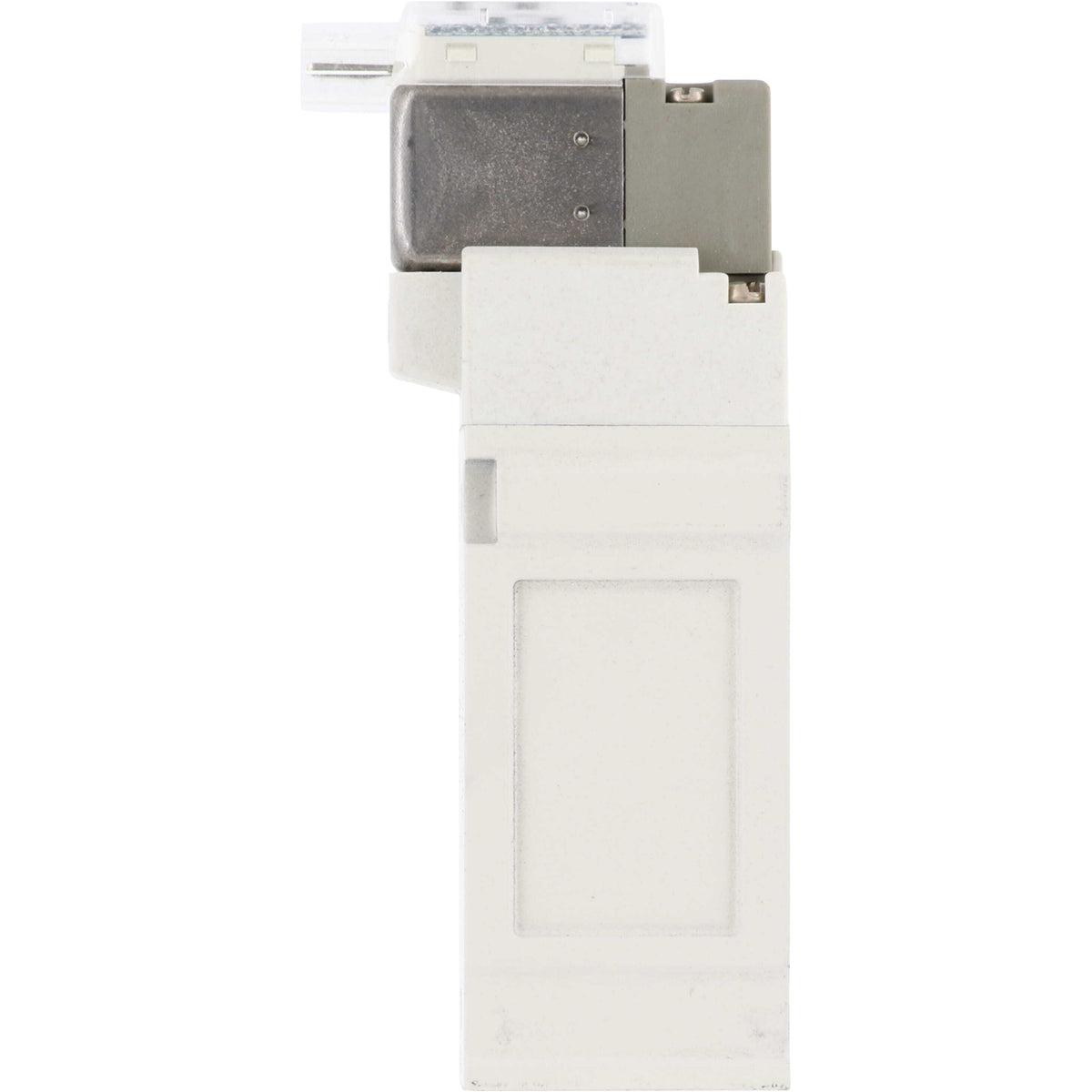 White, plastic 5 port solenoid valve on white background.