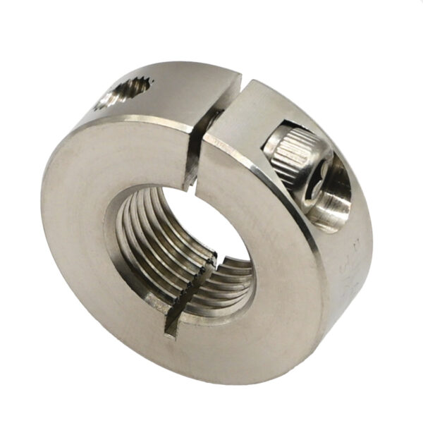 Stainless steel, one piece, threaded shaft collar on white background.