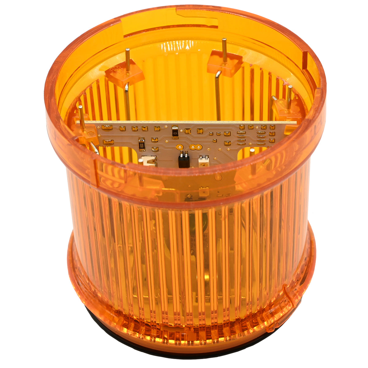 Cylindrical amber stack light beacon on white background.