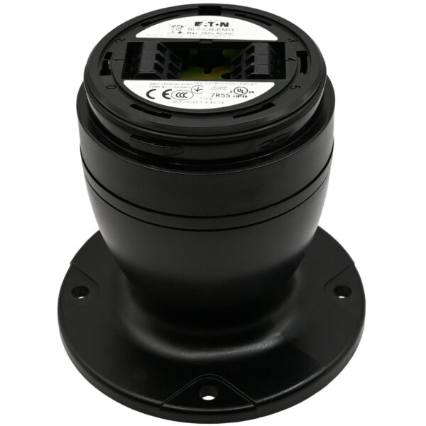 Black plastic molded stack light base module on white background.