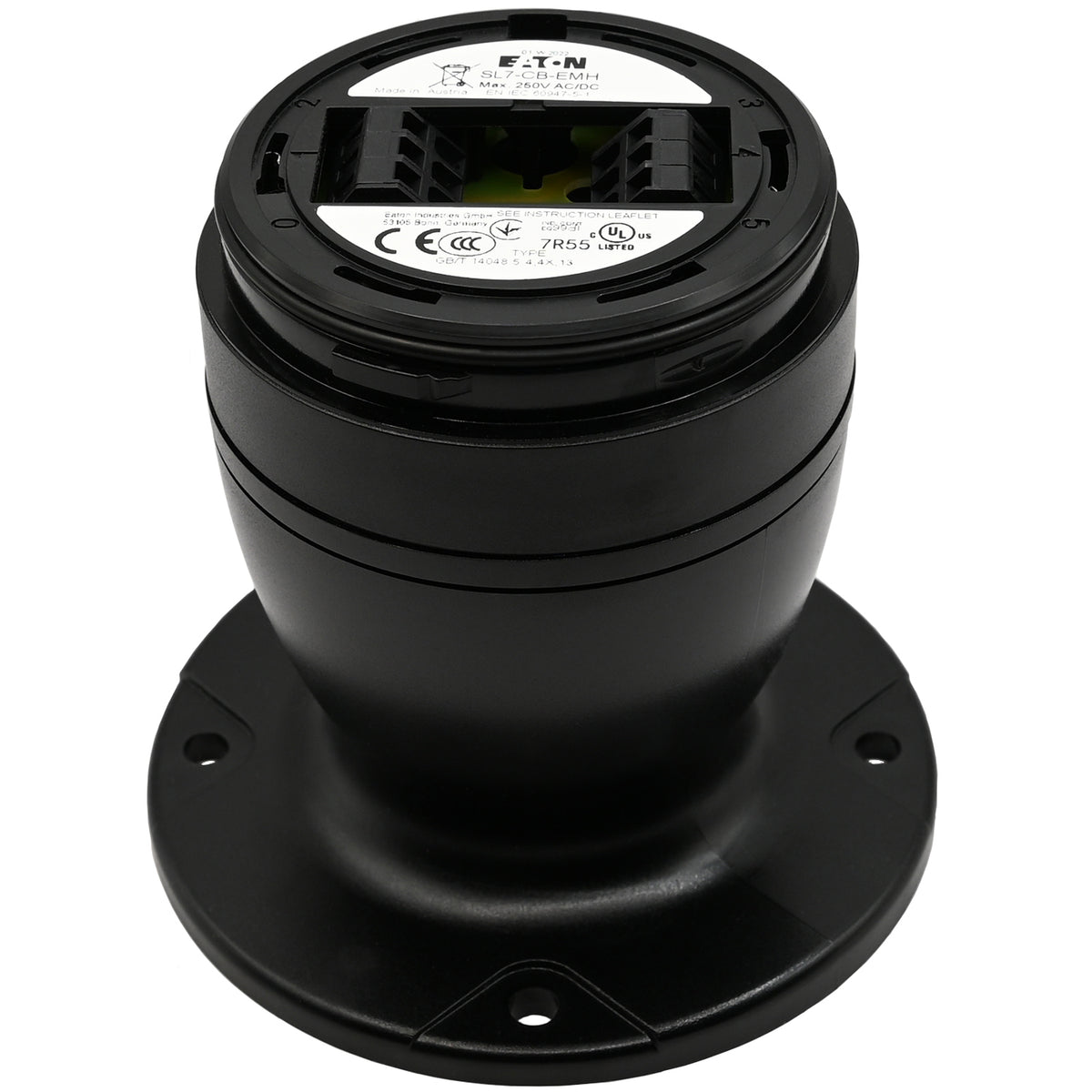 Black plastic molded stack light base module on white background.