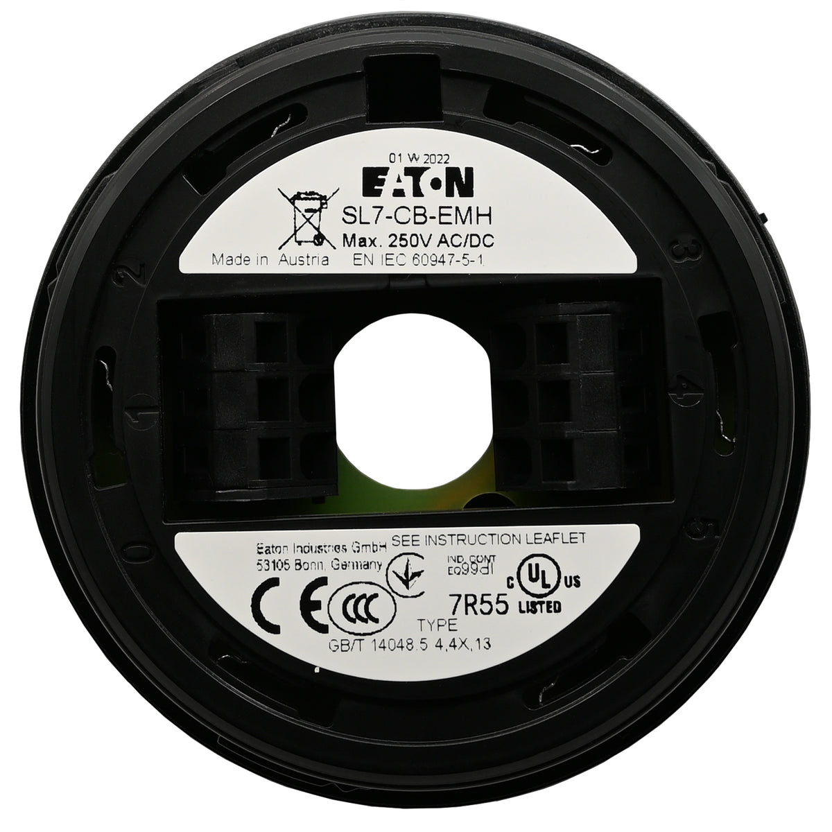 White product label with black text on underside of black cylindrical stack light base module on white background.